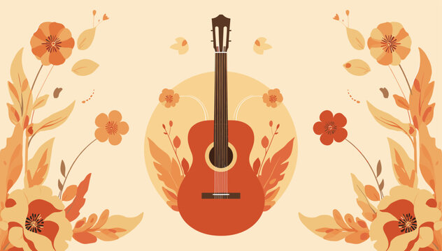 Acoustic guitar surrounded by warm-toned floral illustrations and botanical elements, creating a harmonious and artistic design.