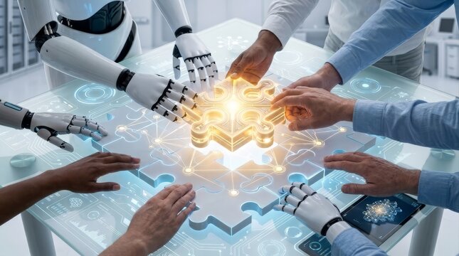Human-Robot Collaboration: A team of humans and robots join hands around a table, piecing together a glowing puzzle representing innovation and future technology.