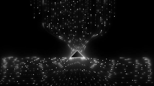 Abstract glowing orange arrow pointing upwards surrounded by flowing digital lines and particles on dark blue background 4k video...