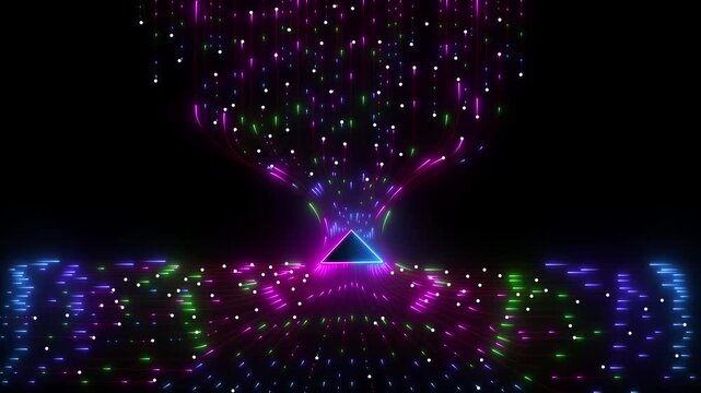 Abstract glowing orange arrow pointing upwards surrounded by flowing digital lines and particles on dark blue background 4k video...