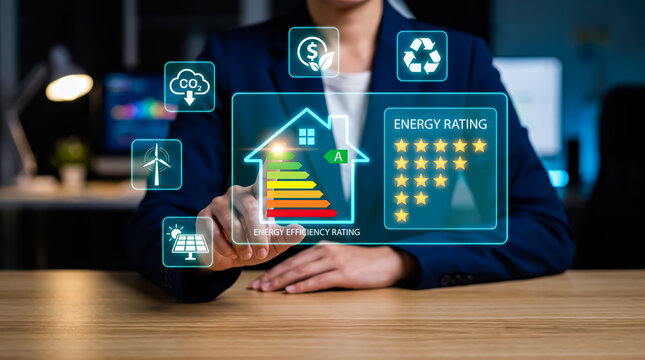 Businesswoman touching digital interface with energy efficiency rating and sustainable power icons for smart home energy management