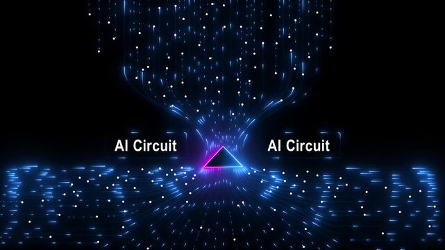 AI Circuit Abstract glowing orange arrow pointing upwards surrounded by flowing digital lines and particles on dark blue background 4k video...