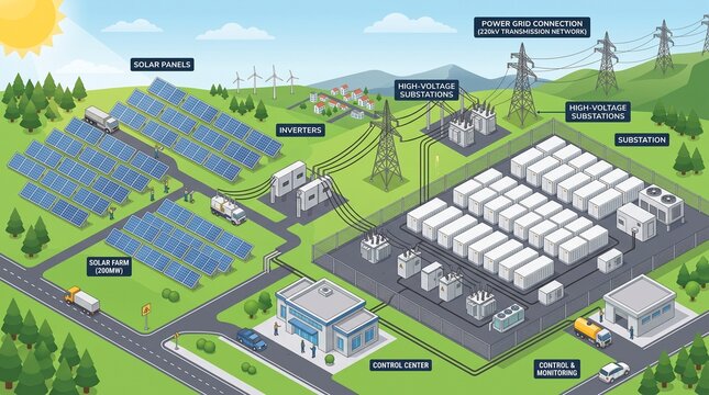 Solar Farm Power Plant Infrastructure Isometric Illustration.