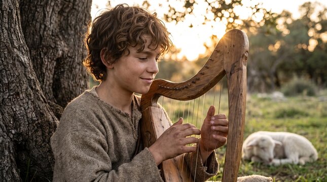 Young David the shepherd boy smiles while plucking a wooden harp near an ancient tree trunk with a resting lamb in back light.