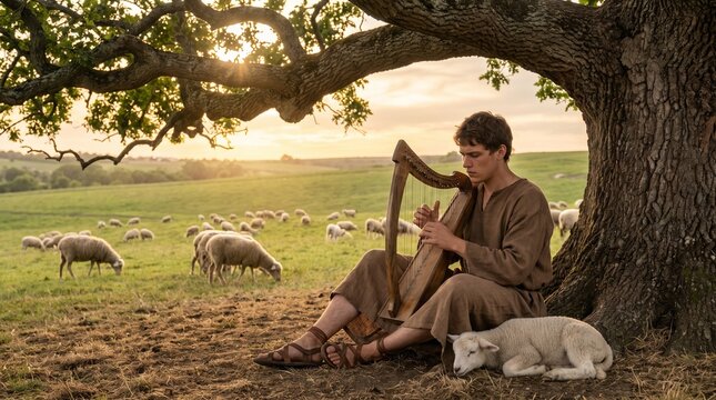 Young David the shepherd plays a wooden harp under a large oak tree while a lamb sleeps at his feet in a rural green field at sunset.