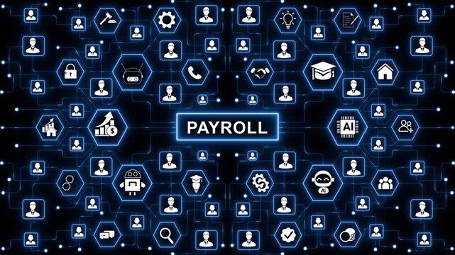 Payroll Management System Interface with AI Powered Workforce Automation Employee Compensation Processing and Digital Human Resources Network Animation