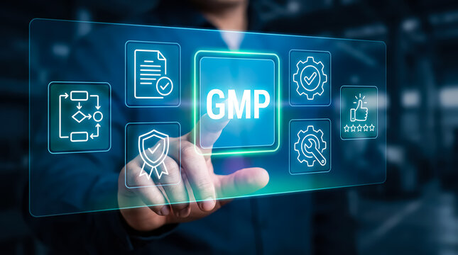 Good manufacturing practice gmp concept with digital interface, quality control, and compliance management in manufacturing