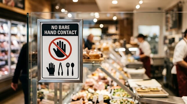 No bare hand contact sign displayed at a food service counter