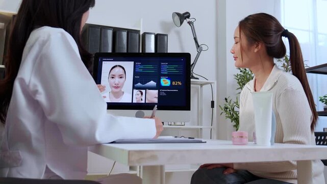 Asian woman doctor explaining ai face skin analysis on computer screen for female patient in clinic while dermatologist writing note on clipboard document, medical healthcare beauty consult.