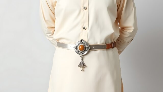 Person wearing light cream ethnic kurta with ornamental kirpan at waist, cultural attire concept