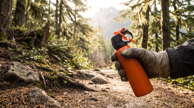Bear spray can held in hand while hiking in forest trail  