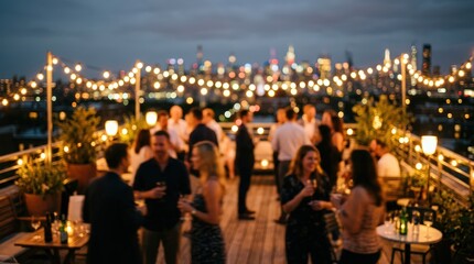 Fototapeta premium Rooftop party night city skyline bokeh background group people socializing evening gathering urban lifestyle celebration string lights atmosphere