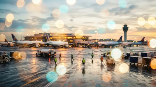 Airport tarmac sunset bokeh background airplanes ground crew terminal building aviation travel transportation logistics runway aviation industry