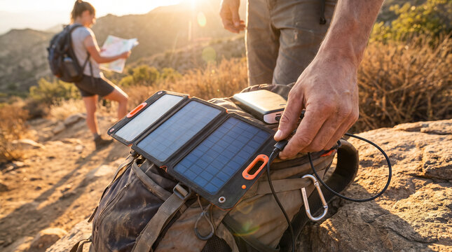 Man using solar charger on backpack while woman studies map outdoors  