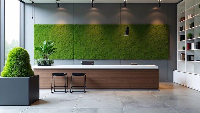 Modern office reception with large green moss accent wall, wooden front desk, black stools, indoor foliage and open shelving