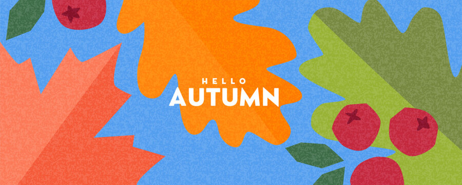Modern Autumn banner or horizontal poster with autumn leaves and berries in trendy vector cut out style in a contemporary editorial style. Designed for greeting cards, posters, seasonal branding, pack