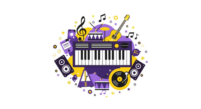 Flat Vector Music Concept Illustration with Piano Keyboard, Guitar, Drums, Vinyl Record, and Studio Speakers on White Background