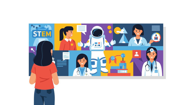 STEM Career Education Illustration with Girl Dreaming of Future Professions like Astronaut, Doctor, and Scientist