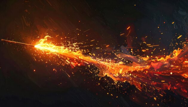 Molten volcanic lava flow with orange sparks and smoke.
