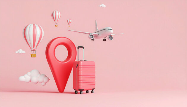 Travel and Vacation Concept with Airplane, Suitcase, and Location Pin