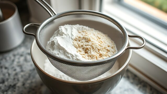 Flour sifting through mesh sieve into bowl on kitchen counter.