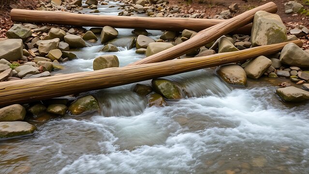 Stream water flows around fallen rocks, creating small whirlpools.