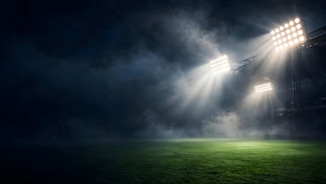 Dramatic Sports Presentation Backdrop Featuring Glowing Stadium Floodlights, Soft Fog, and Vibrant Green Grass Turf with High-Contrast Dark Lighting and Left Clear Space, Flat Vector Graphic