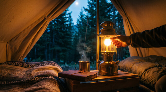Hand reaching for camping lantern inside tent at night  
