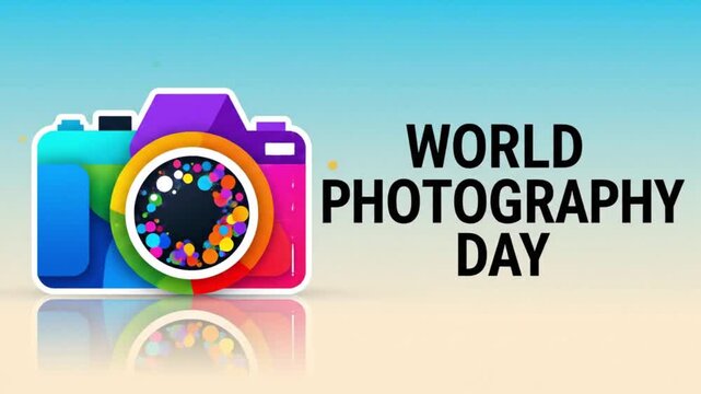 Colorful camera icon alongside the text World Photography Day on a gradient background