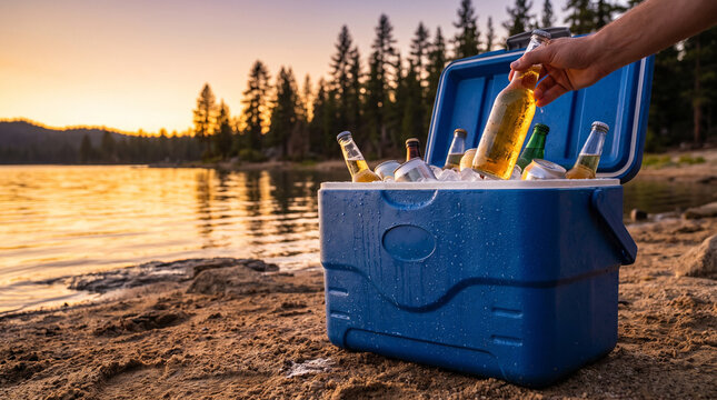 Person grabbing a drink from a portable cooler by the lake  