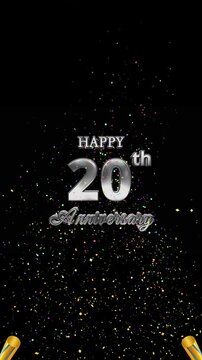 Shiny silver Happy 20th Anniversary title with colorful confetti cannons on a black vertical celebration scene.