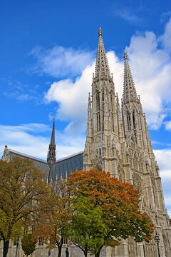 Sharp Close-Up View of the Gothic Towers and Facade of Votivkirche in Vienna Austria