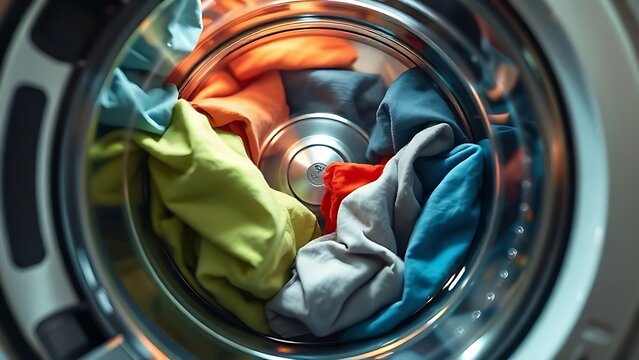 Colorful fabrics inside a front-loading washing machine during a spin cycle.
