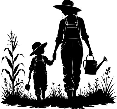 woman farmer with boy sillouette vector