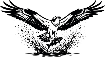Dramatic black silhouette eagle swooping down to catch fish in water splash on white background © Rear Collection