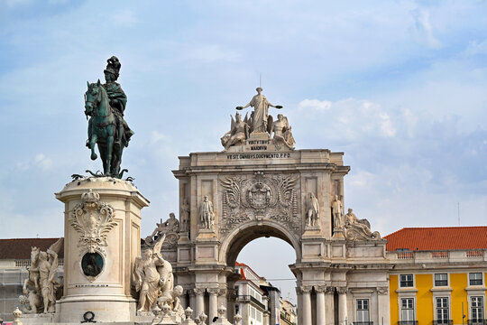 View of the Historic Rua Augusta Arch and King Joseph I Statue in Praca do Comercio Lisbon Portugal