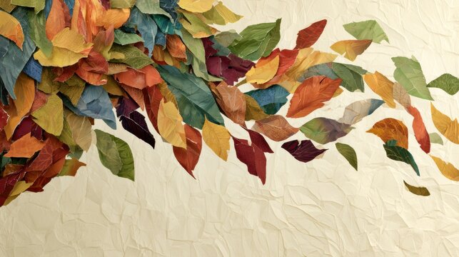 A collage depicts leaves swirling in the wind made from torn papers with an autumn color scheme creating a dynamic effect.