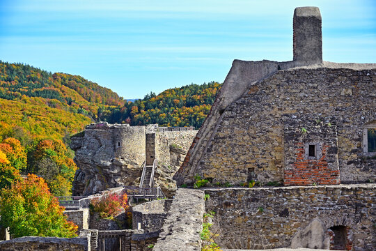 Wide Angle Shot of Medieval Stone Walls and Inner Courtyard Architecture at Burgruine Aggstein in Austria