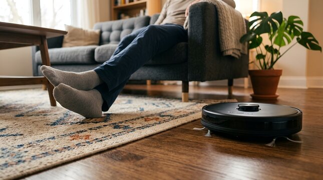 Smart robotic vacuum cleaner on hardwood floor, autonomous robot vacuuming living room, man relaxing on sofa while automatic vacuum cleans home