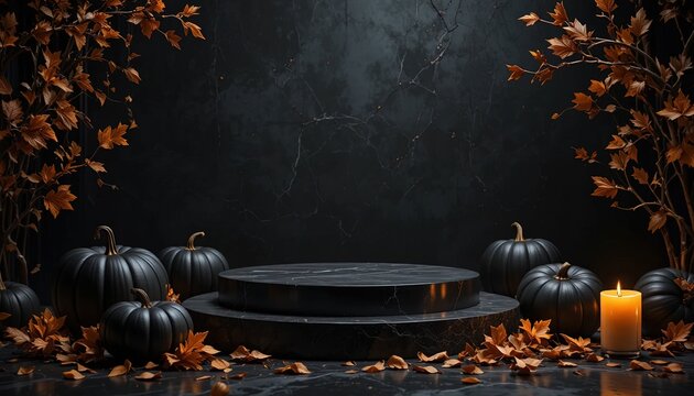 Halloween product display podium. Dark autumn background with pumpkins and candles.