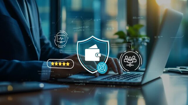Secure financial transactions management platform supporting payment processing, fraud prevention and business professional reviewing digital finance operations in futuristic office