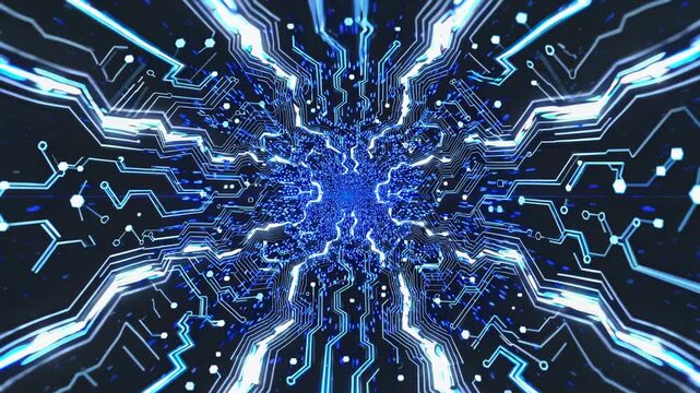 Abstract digital circuit design with blue glowing lines and particles converging towards a bright center, creating a dynamic visual effect in a dark background
