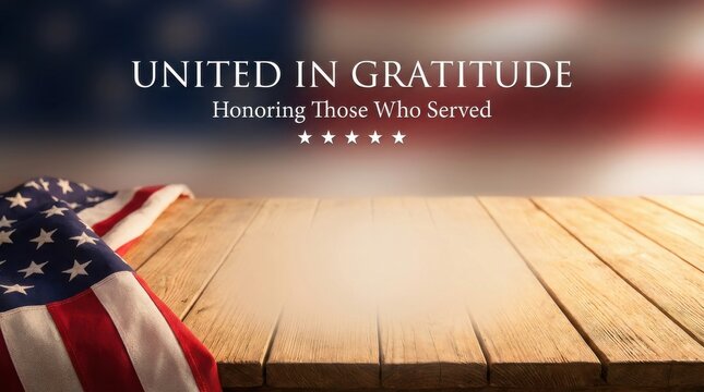 Veterans day background with american flag on rustic wooden table and united in gratitude text