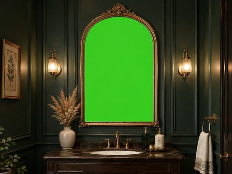 Dark green bathroom interior with vintage gold arched mirror, green chroma key screen, marble vanity, and wall sconce lighting fixtures