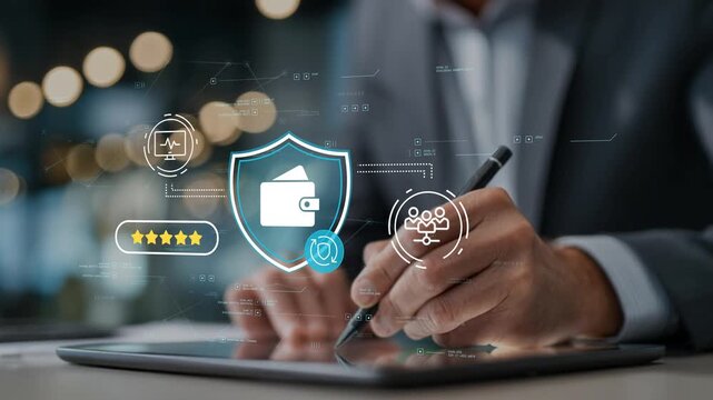 Businessman in modern office managing digital wallet security system with protected payment transactions, financial data safeguards and secure fintech services