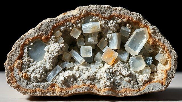 Cut granite pegmatite specimen with large feldspar, quartz, mica crystals, geological sample.