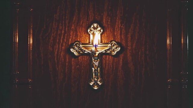 Illuminated cross with candle flame flickering against a wooden background, showcasing intricate details of the crucifix and warm lighting in a serene setting