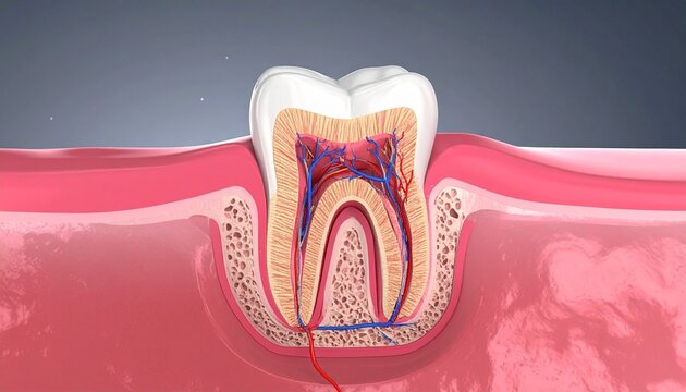 A vivid anatomical study of dental structure, revealing the harmony of enamel, dentin, and pulp, symbolizing health, precision, and the intricate beauty of biology.