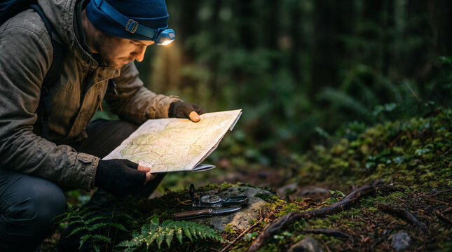 Man studying a map while squatting in a forested area  