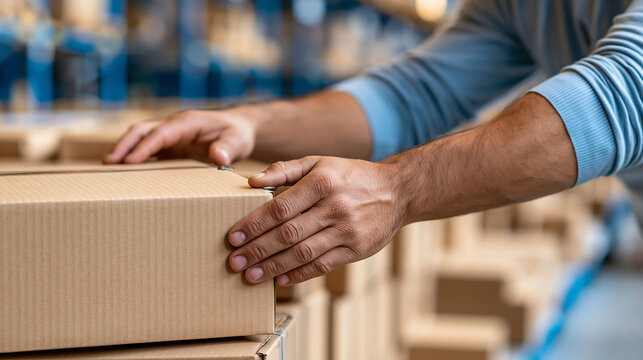 Close-up of hands organizing shipments in storage facility, warehouse business operations concept, defocused industrial background, with copy space
